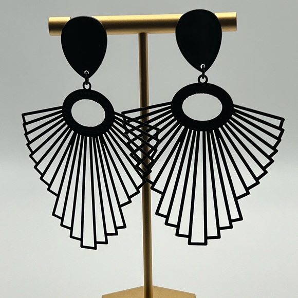 All Black Classic Art Deco Statement Earrings - Trendy Stylish Earrings - Picture 12 of 13